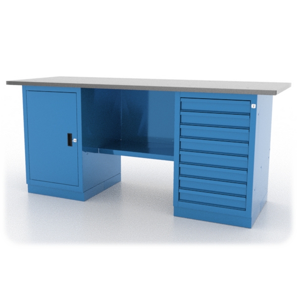 Верстак слесарный двухтумбовый серии “L”, оцинкованная столешница, синий, Ferrum 01.208L-5015