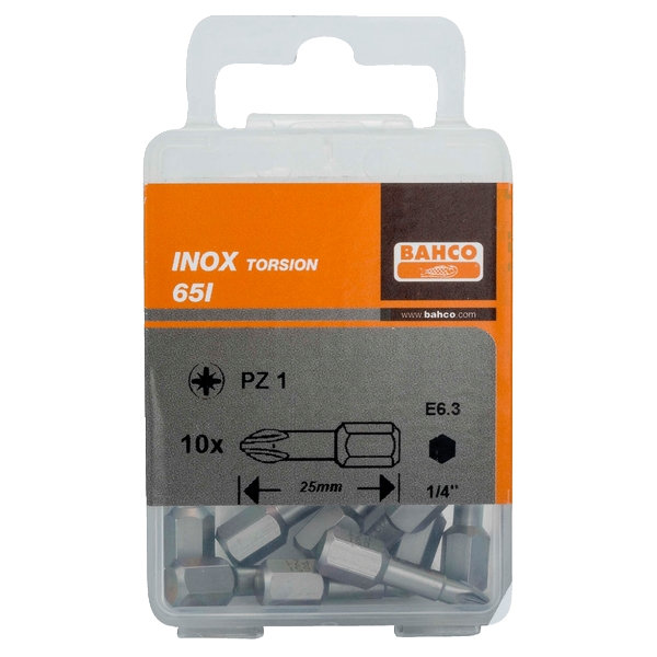BAHCO 65I/PZ2 Набор торсионных вставок (бит) из нержавеющей стали 1/4 дюйма Pozidriv PZ2, L=25 мм, 10 шт