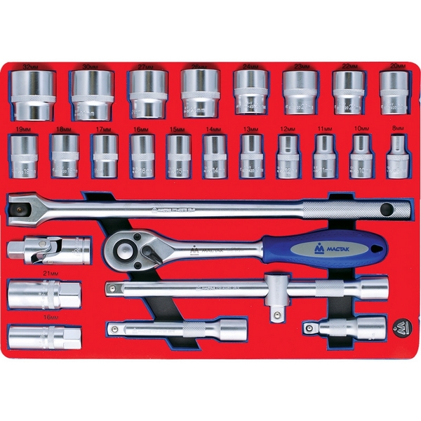 Набор инструментов торцевые головки 1/2 дюйма с принадлежностями в ложементе, 28 предметов МАСТАК 5-004028