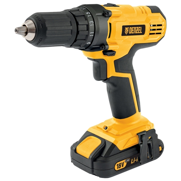 Дрель-шуруповерт аккумуляторная Li-Ion, 18 В, 1.5 Ач, с набором аксессуаров, DENZEL CDL-IB-18-02