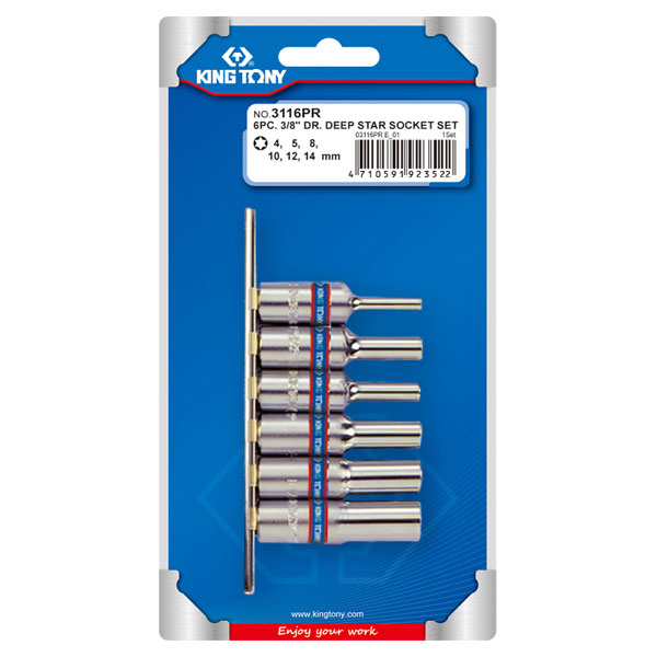 Набор торцевых головок TORX 3/8 дюйма E4-E14, 6 предметов King Tony 3116PR