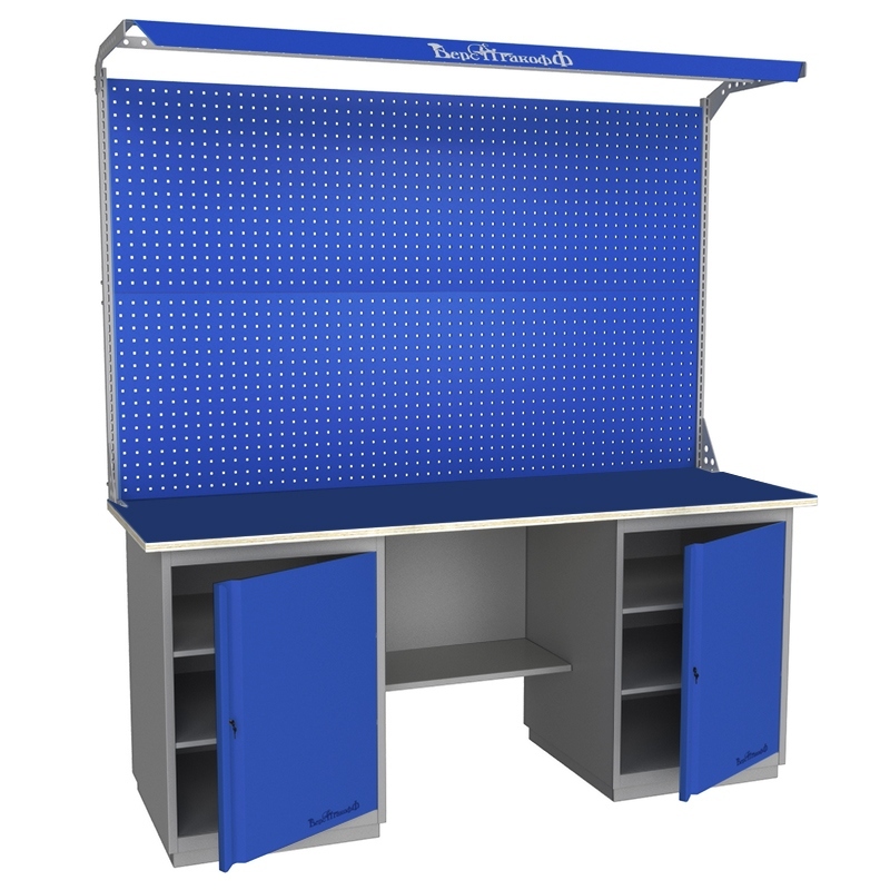 Верстак промышленный двухтумбовый с металлической столешницей, экраном и освещением Верстакофф GRAND 2000 Т Т Э2С