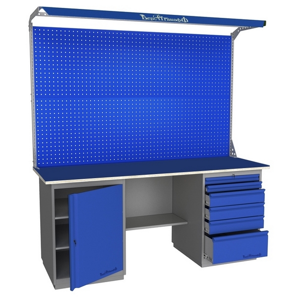 Верстак промышленный двухтумбовый с металлической столешницей, экраном и освещением Верстакофф GRAND 2000 Т Д6 Э2С