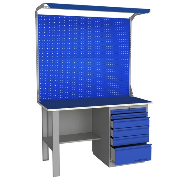 Верстак промышленный однотумбовый с металлической столешницей, экраном и освещением Верстакофф GRAND 1500 Д6 Э2С