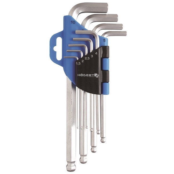 Набор Г-образных шестигранных удлиненных ключей с шаровым наконечником 1,5-10 мм, 9 шт, HOEGERT HT1W804