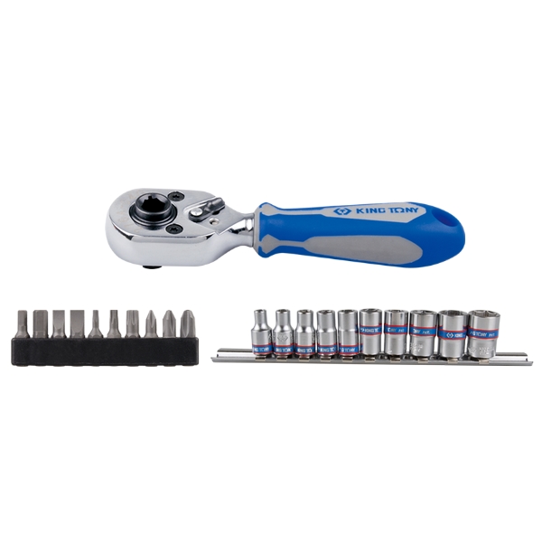 KING TONY 2501MR Набор торцевых головок, 4-13 мм, и вставок (бит), SL, TORX, HEX, PH, с трещоткой 1/4 дюйма, 21 предмет