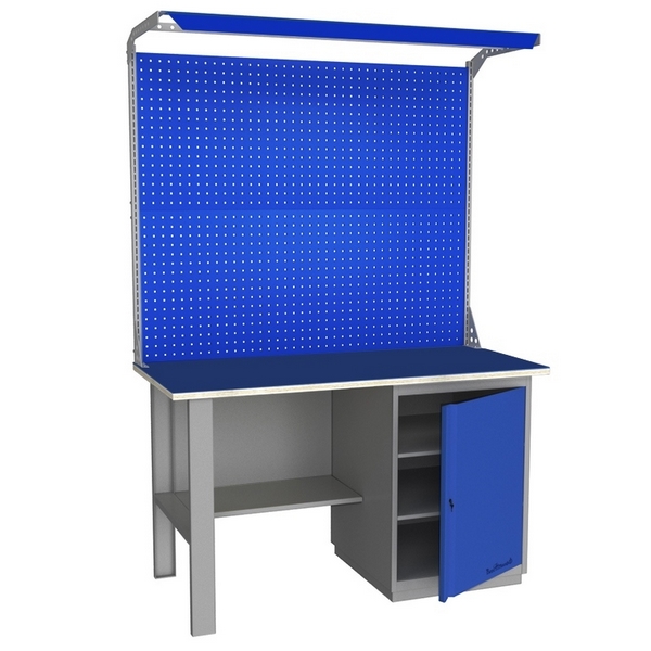 Верстак промышленный однотумбовый с металлической столешницей, экраном и освещением Верстакофф GRAND 1500 Т Э2С