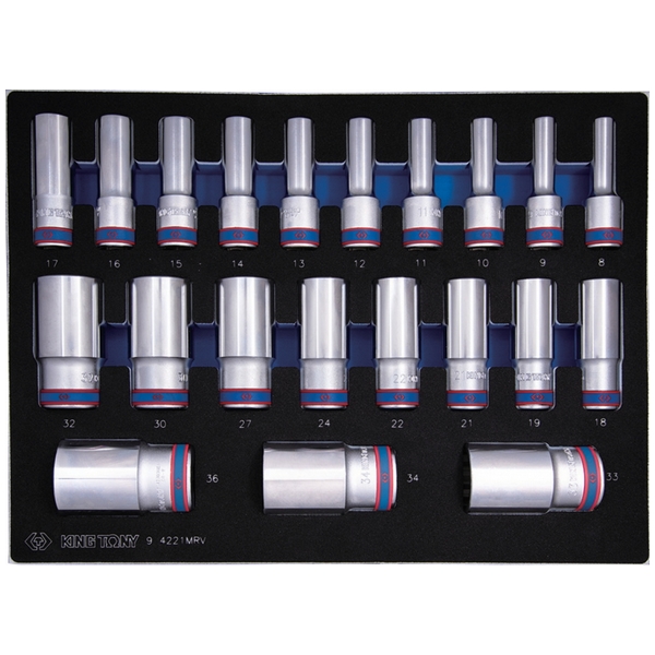 KING TONY 9-4221MRV Набор глубоких торцевых головок 1/2 дюйма, двенадцатигранные, 8-36 мм, 21 предмет, ложемент