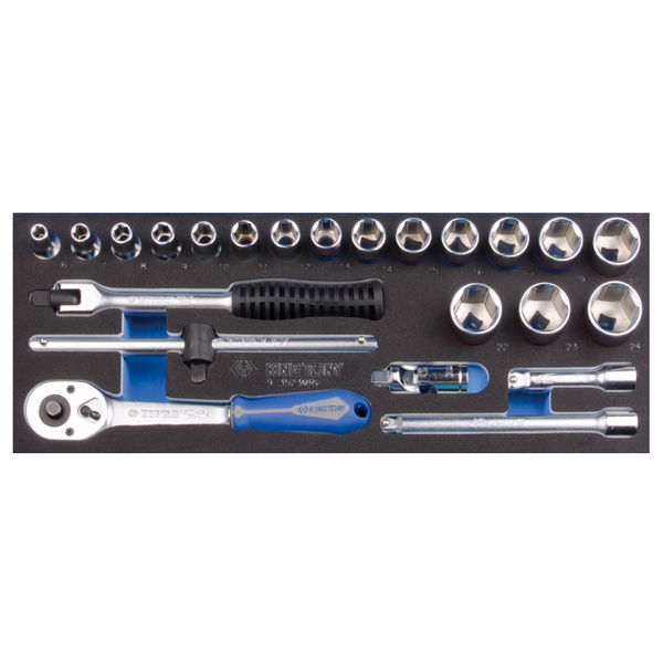 KING TONY 9-3523MRV10 Набор торцевых головок 3/8 дюйма с принадлежностями, 6-24 мм, 23 предметов, ложемент