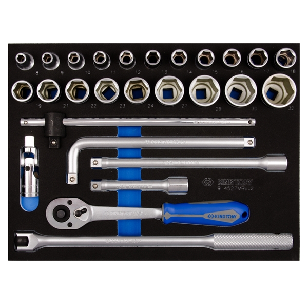 KING TONY 9-4527MRV02 Набор торцевых головок с принадлежностями 1/2 дюйма, 8-32 мм, 27 предметов, ложемент