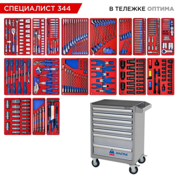 Набор инструментов "СПЕЦИАЛИСТ 344" в серой тележке, 344 предмета, МАСТАК 52-07344G