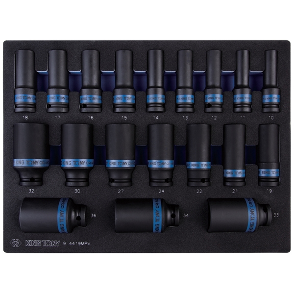 KING TONY 9-4419MPV Набор глубоких торцевых ударных головок 1/2 дюйма, 10-36 мм, 19 предметов, ложемент
