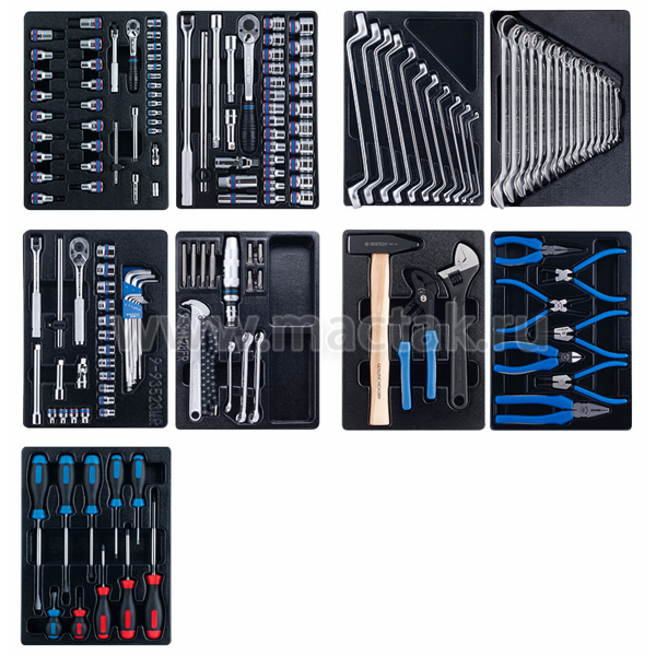 Комплект из наборов инструментов в ложементах для инструментальной тележки 9 ложементов, 161 предмет King Tony 936-005MRD