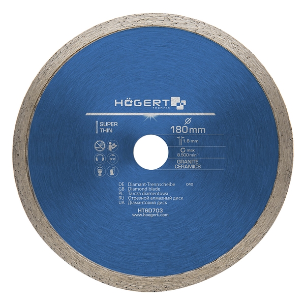 Диск отрезной алмазный для плитки, сплошная кромка, 180x1,8x25,4 мм HOEGERT HT6D703