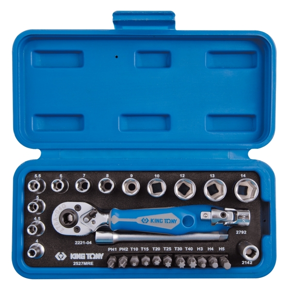 Набор торцевых головок с принадлежностями 1/4 дюйма, 4-14 мм, 27 предметов KING TONY 2527MRE