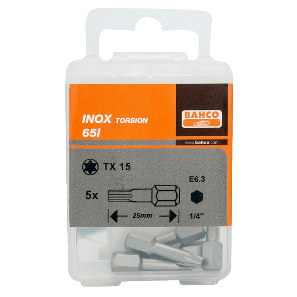 BAHCO 65I/T30 Набор торсионных вставок (бит) из нержавеющей стали 1/4 дюйма Torx T30, L=25 мм, 5 шт
