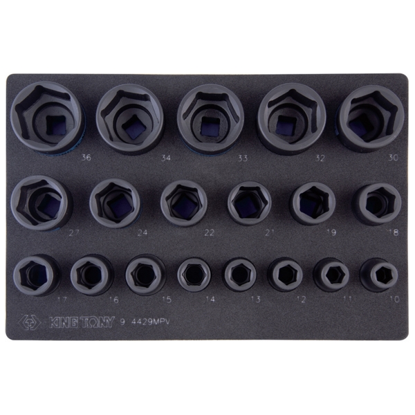 KING TONY 9-4429MPV Набор торцевых ударных головок 1/2 дюйма, 10-36 мм, 19 предметов, ложемент