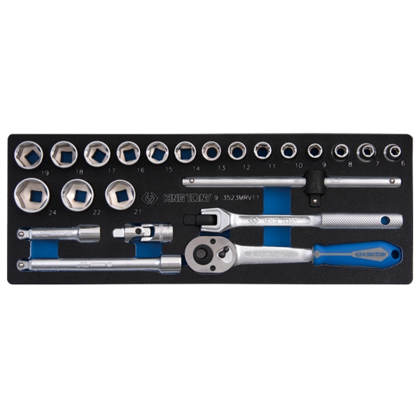 KING TONY 9-3523MRV11 Набор торцевых головок 3/8 дюйма с принадлежностями, 6-24 мм, ложемент, 23 предмета