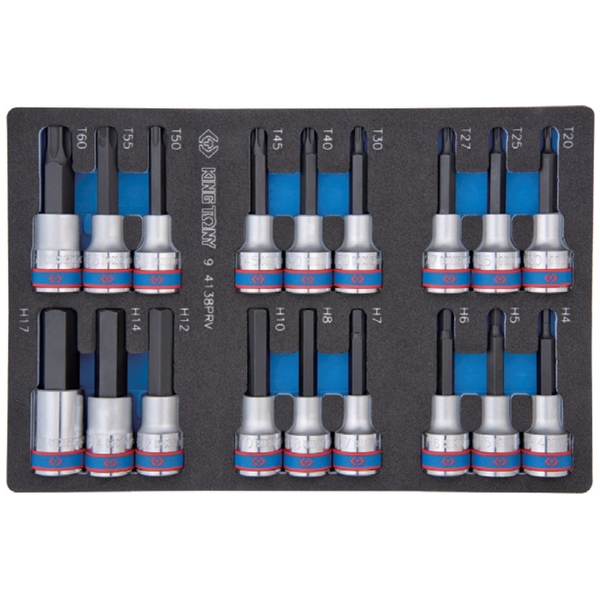 KING TONY 9-4138PRV Набор торцевых насадок 1/2 дюйма, TORX, HEX, L=80 мм, 18 предметов, ложемент