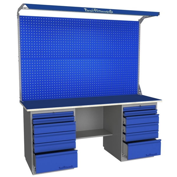 Верстак промышленный двухтумбовый с металлической столешницей, экраном и освещением Верстакофф GRAND 2000 Д6 Д6 Э2С