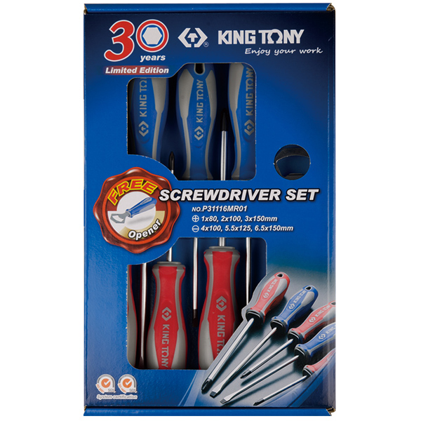 Набор отверток PHILLIPS, SLOTTED 6 предметов, в комплекте фирменная открывалка King Tony P31116MR01