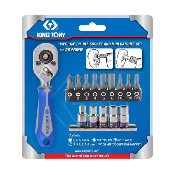 KING TONY 2515MR Набор инструментов вставок и головок с трещоткой, квадрат 1/4 дюйма, 15 предметов