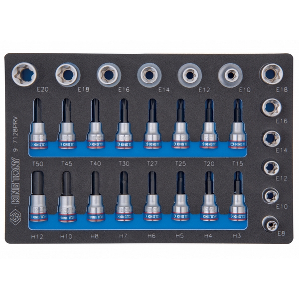 KING TONY 9-7128PRV Набор торцевых насадок и головок 1/2 и 3/8 дюйма, TORX, HEX, Е6-Е20, 28 предметов, ложемент KING TONY 9-7128PRV Набор торцевых насадок и головок 1/2 и 3/8 дюйма, TORX, HEX, Е6-Е20, 28 предметов, ложемент