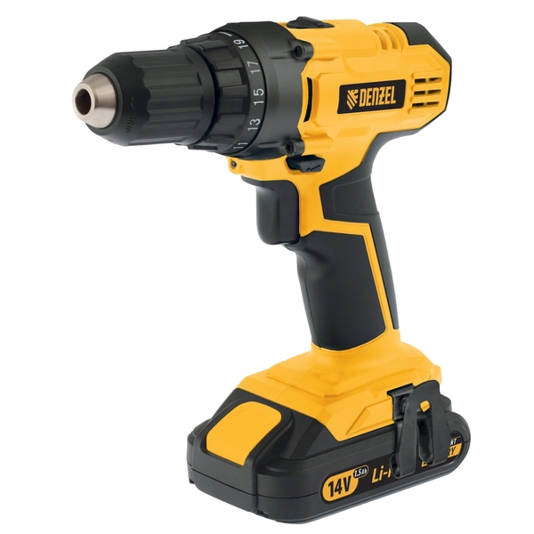 Дрель-шуруповерт аккумуляторная Li-Ion, 14 В, 1.5 Ач, с набором аксессуаров, DENZEL CDL-IB-14-02