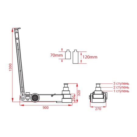 Домкрат пневмогидравлический трехступенчатый, 45/30/15 тонн, KRAFTWELL KRWAJ45-3T