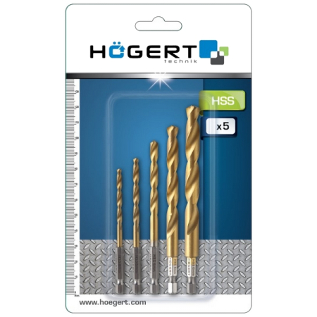 Набор сверл по металлу с шестигранным хвостовиком 1/4'', HSS, 4-10 мм, 5 шт, HOEGERT HT6D180