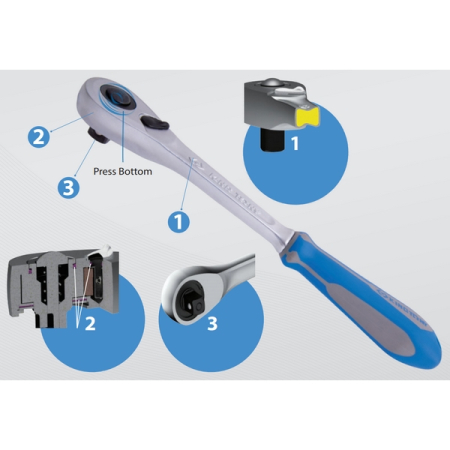 KING TONY 2773-55GS Трещотка 1/4 дюйма, 140 мм, 90 зубцов, флажковая с кнопкой