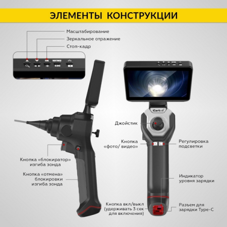 Видеоэндоскоп управляемый, экран 4.5", 1Мп, зонд 1.5м, 4мм, всесторонняя артикуляция, iCartool IC-VC154AW