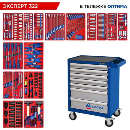 Набор инструментов "ЭКСПЕРТ 322" в синей тележке, 323 предмета, MACTAK 52-07322B