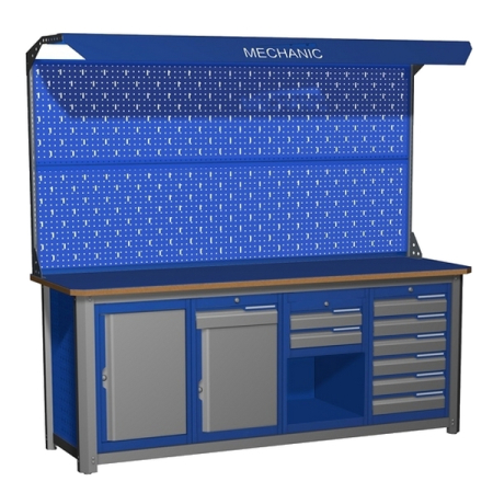 Верстак промышленный четырехтумбовый с экраном и освещением Верстакофф MECHANIC-М20.01ППС16Э2С