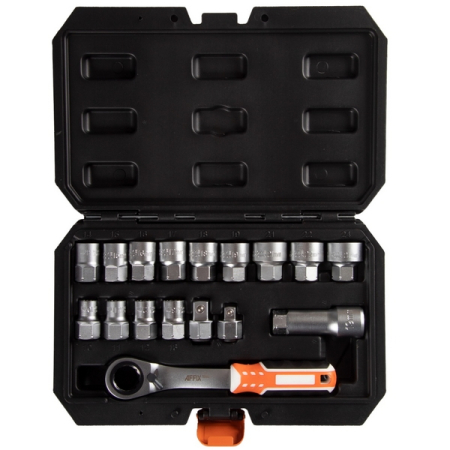 Набор 12-гранных торцевых головок со сквозным отверстием, HEX 19 мм, 10-24 мм, с принадлежностями, 17 предметов, AFFIX AF01917C