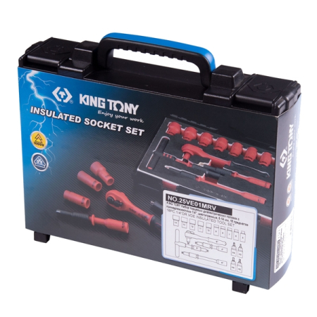 KING TONY 25VE01MRV Набор торцевых диэлектрических головок с принадлежностями 1/4", шестигранные, 5-14 мм, 18 предметов