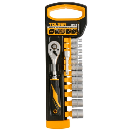 Набор торцевых головок с трещоткой 1/4", 4-14 мм, 14 предметов TOLSEN TT15150 Набор торцевых головок с трещоткой 1/4", 4-14 мм, 14 предметов TOLSEN TT15150