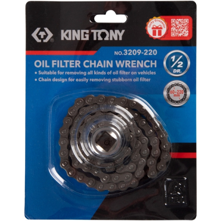 KING TONY 3209-220 Съемник масляных фильтров, 60-220 мм, 1/2", цепной