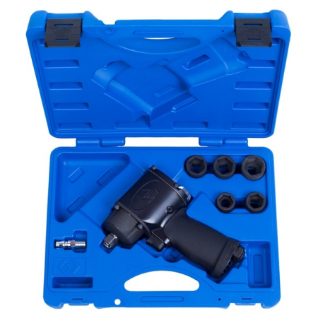 KING TONY 44506MP Мини гайковерт ударный пневматический, квадрат 1/2 дюйма, 610 Нм, с набором ударных головок, кейс