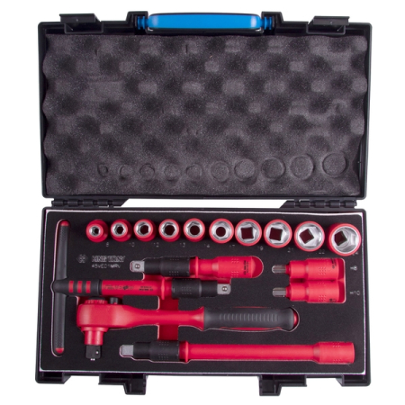 KING TONY 45VE01MRV Набор торцевых диэлектрических головок с принадлежностями 1/2", шестигранные, 8-24 мм, 16 предметов