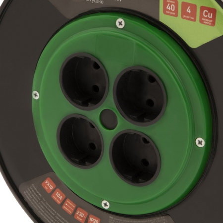 Удлинитель силовой 50 м, 10А, тип УХ10, ПВС, на кабельной катушке, 4 розетки без заземления, Сибртех 95855