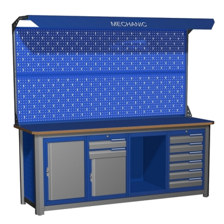 Верстак промышленный четырехтумбовый с экраном и освещением Верстакофф MECHANIC-М20.02ПС26Э2С