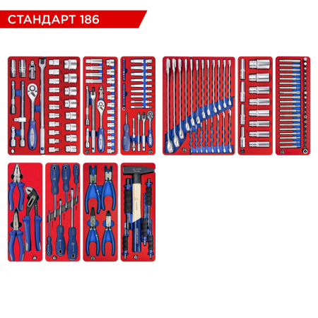Набор инструментов "СТАНДАРТ 186" для тележки, 10 ложементов, 186 предметов, МАСТАК 5-00186