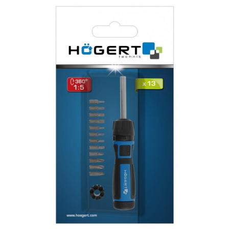 Отвертка со сменными битами и редуктором 1:5, 13 предметов, HOEGERT HT1S215
