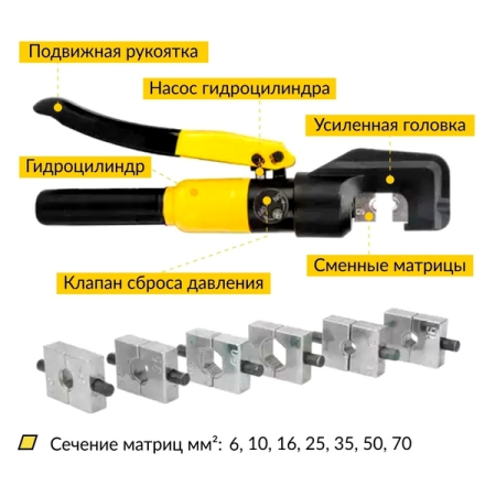 Пресс для обжима клемм до 70 мм2 гидравлический ручной, 5 т, Car-Tool CT-4570