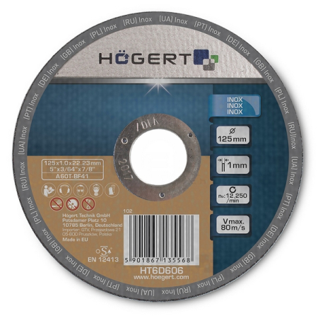 Диск отрезной по нержавеющей стали 125x1,0x22,23 мм HOEGERT HT6D606