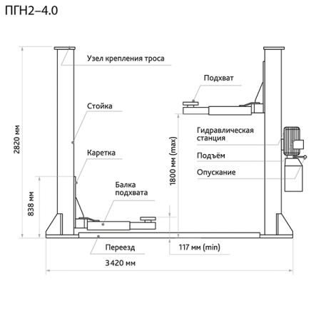 Подъемник автомобильный двухстоечный электрогидравлический, 4 т, СТАНКОИМПОРТ ПГН2-4.0 (380В)