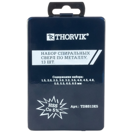 Набор спиральных сверл по металлу HSS Co, 1.5-6.5 мм, в металлическом кейсе, 13 шт, THORVIK TDBS13K5