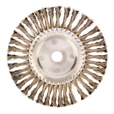Щетка для УШМ плоская, 200 мм, крученая нержавеющая проволока 0.5 мм, посадка 22.2 мм, DENZEL 746383