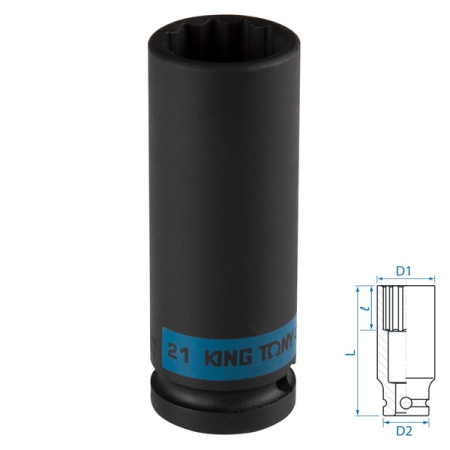 KING TONY 443021M Головка торцевая ударная глубокая двенадцатигранная 1/2", 21 мм
